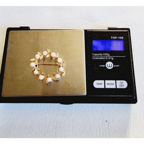 14k Yellow Gold Cultured Pearl Leaf Wreath Pin Brooch - Picture 7 of 7